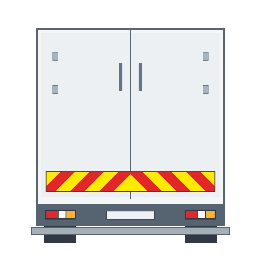 Rear of a vehicle with one horizontal panel of red and yellow diagonal stripes.