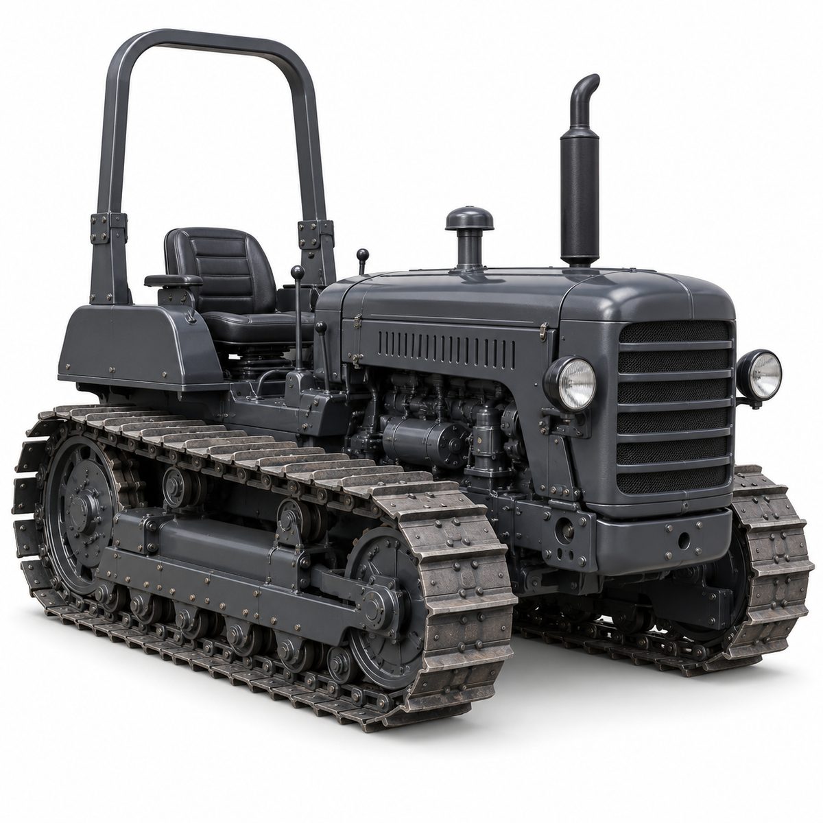 Dark agricultural vehicle on continuous tracks.