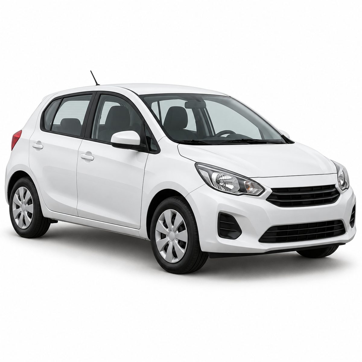 Small white passenger vehicle with an enclosed cabin and road wheels.