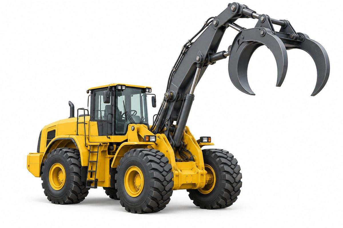 Yellow wheeled machine with raised articulated arms and an open grapple.