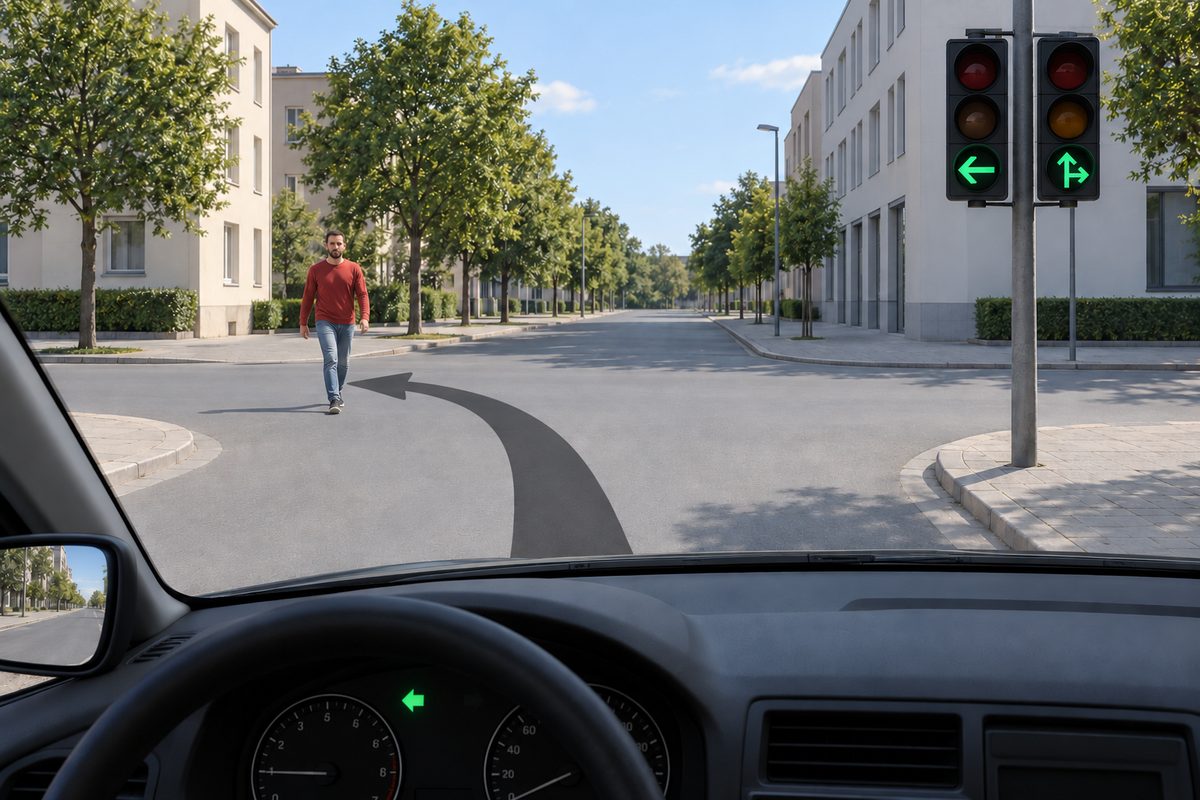 Driver view at a crossroads with a left-curving arrow, a green left dashboard arrow, and a red-shirt pedestrian crossing the left road. Two signals at right show green left and green up-and-right arrows; their upper lenses are dark.