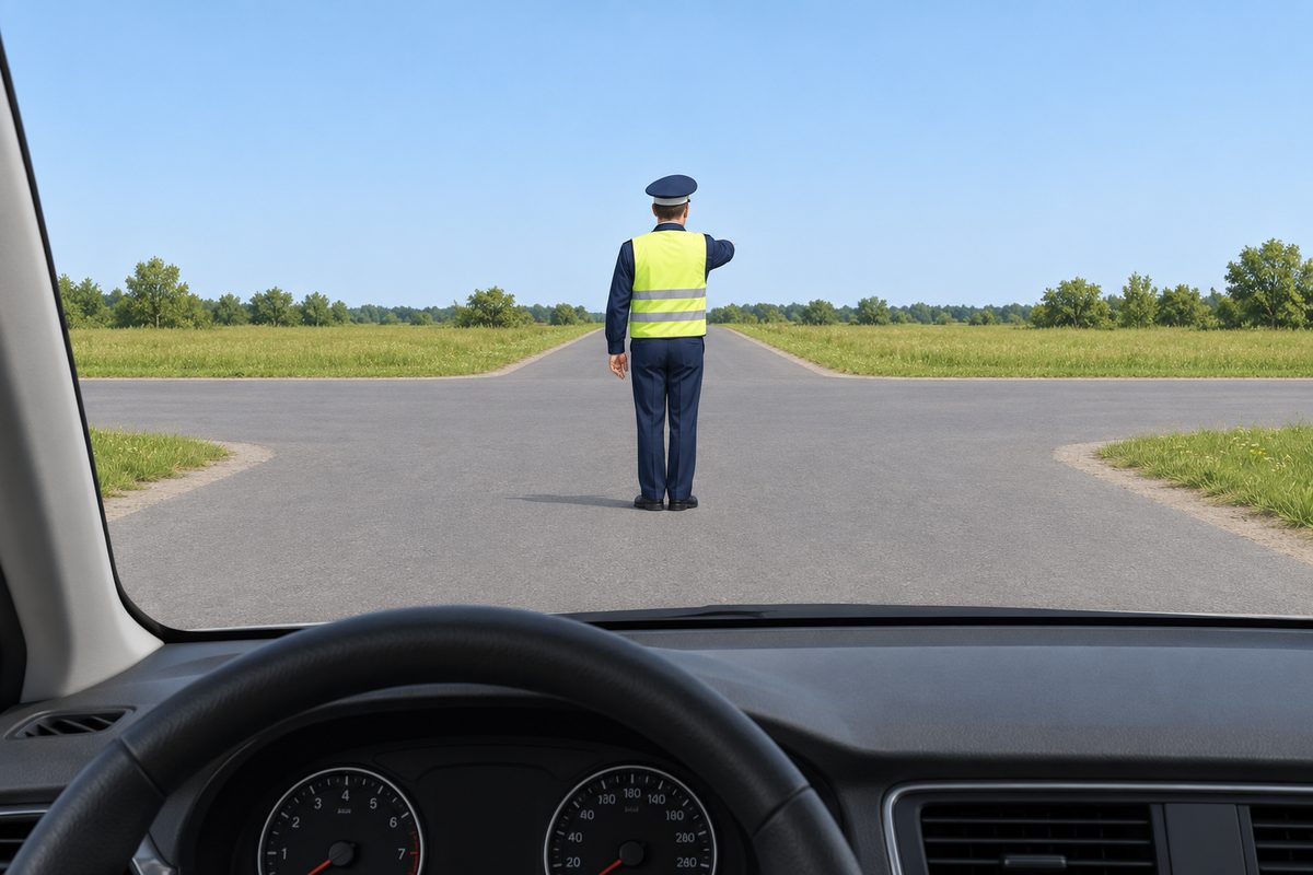 View from a car at an empty four-way junction. A traffic controller faces away with his right arm extended forward away from the driver.