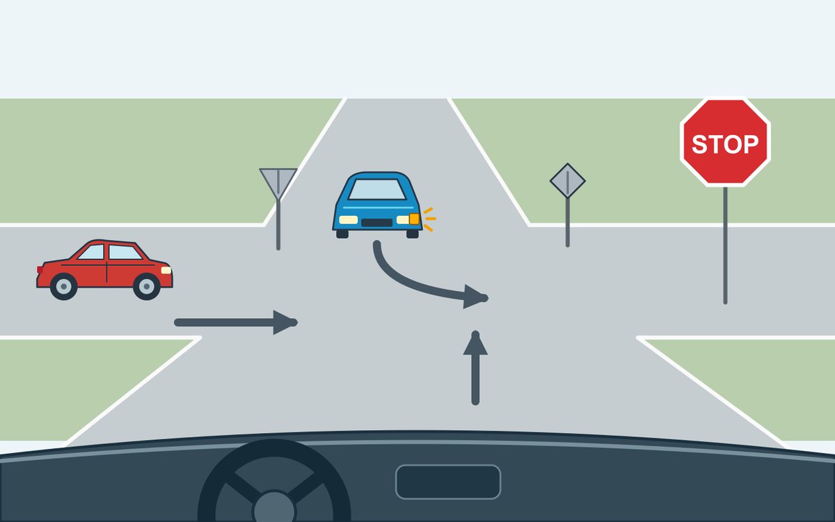 Driver view of a crossroads with a STOP sign. A red car crosses from the left; an oncoming blue car signals and turns left toward the right of the picture. The driver’s arrow points straight ahead.