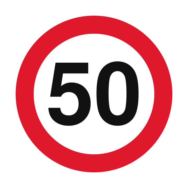 A white circular sign with a red border and black 50.
