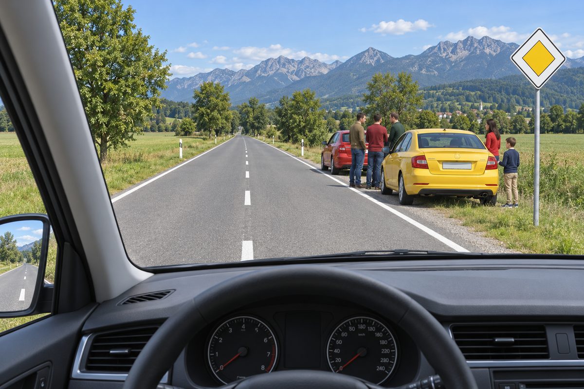 A yellow car and a red car stand at the right edge of a rural road with five people around them and a yellow diamond on a roadside post.