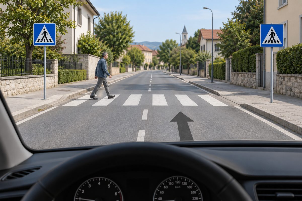 A pedestrian walks across a marked crossing ahead of the driver.