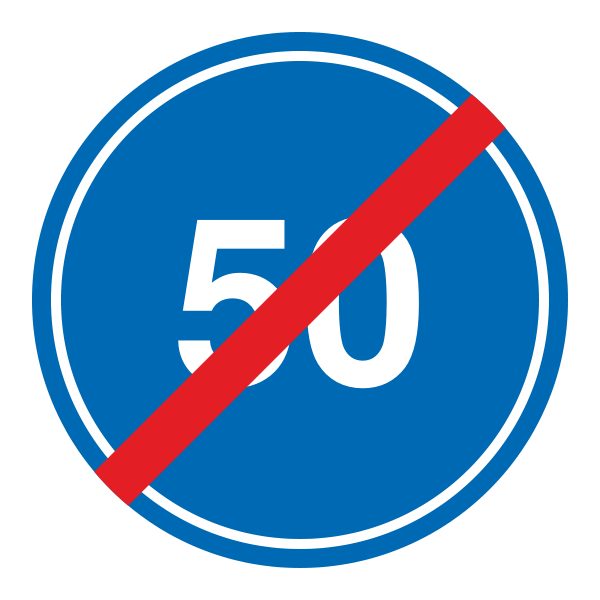 A blue circular sign with a white rim, the number 50, and a red diagonal bar.
