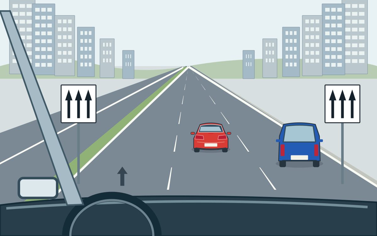 Driver view along a three-lane urban carriageway, with a red car in the middle lane and a blue car in the right lane; white rectangular panels with black borders on both sides each have three black upward arrows.