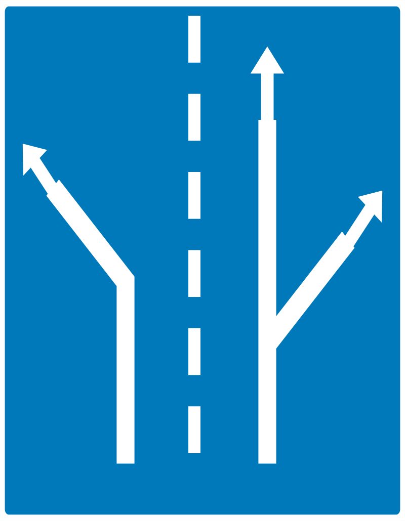 Portrait blue rectangle; a dashed vertical white divider separates a left arrow bending diagonally up-left from a right stem with straight-up and diagonal up-right arrowheads.