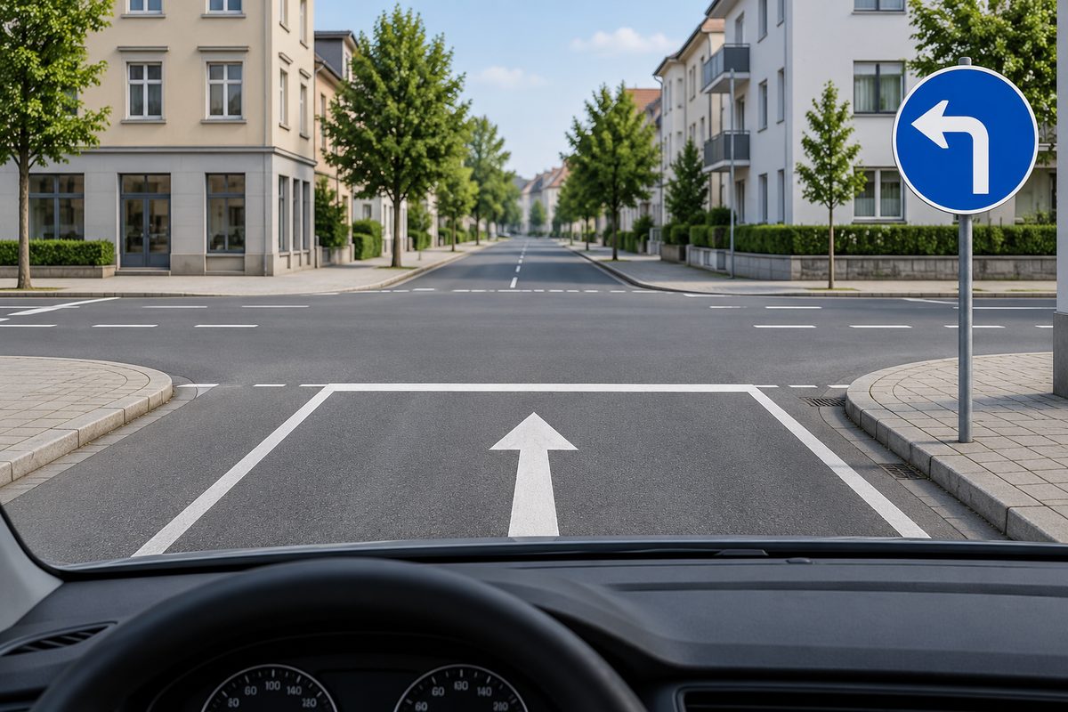 Junction approach with a straight-ahead lane arrow, transverse white line and a blue sign bearing a bent left arrow.