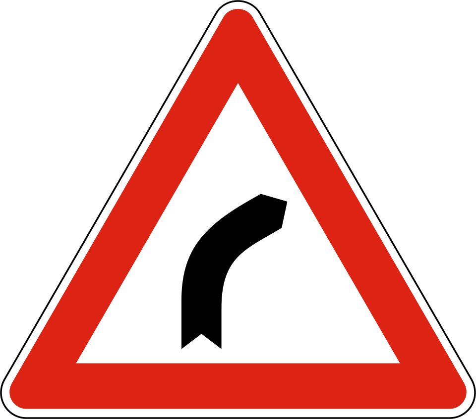 Red-bordered upright triangle; black bent line rises from bottom and turns right.