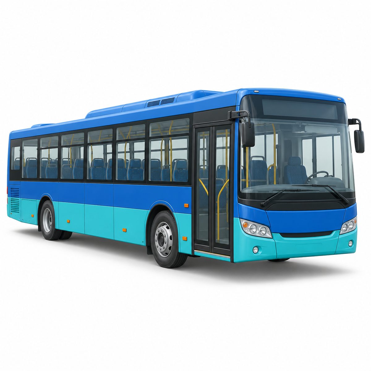 Blue passenger vehicle with rows of windows and road tyres.