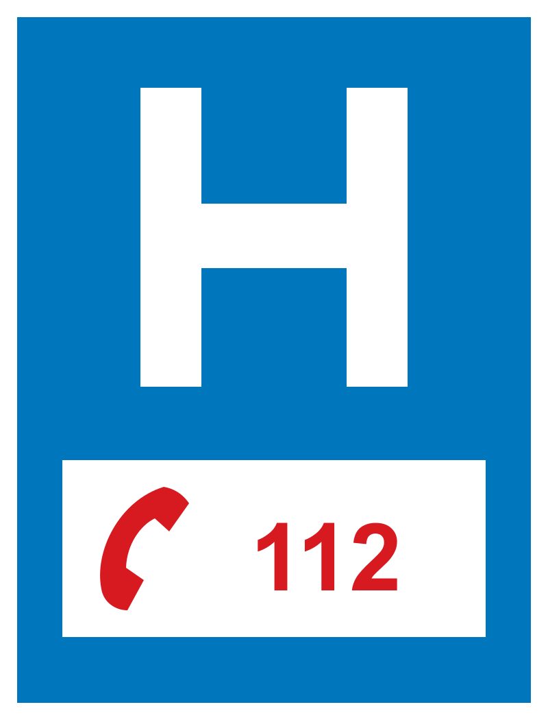 Tall blue rectangle with a large white H and a lower white panel containing a red telephone handset and red 112.