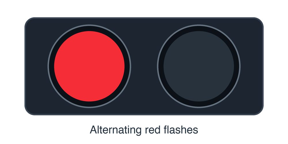 Two horizontal red signal lamps, left illuminated and right dark; caption indicates alternating flashes.