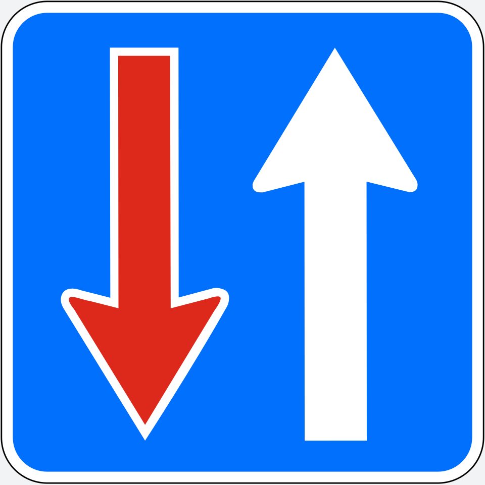 Blue square with a white border; a red downward arrow on the left and a white upward arrow on the right.