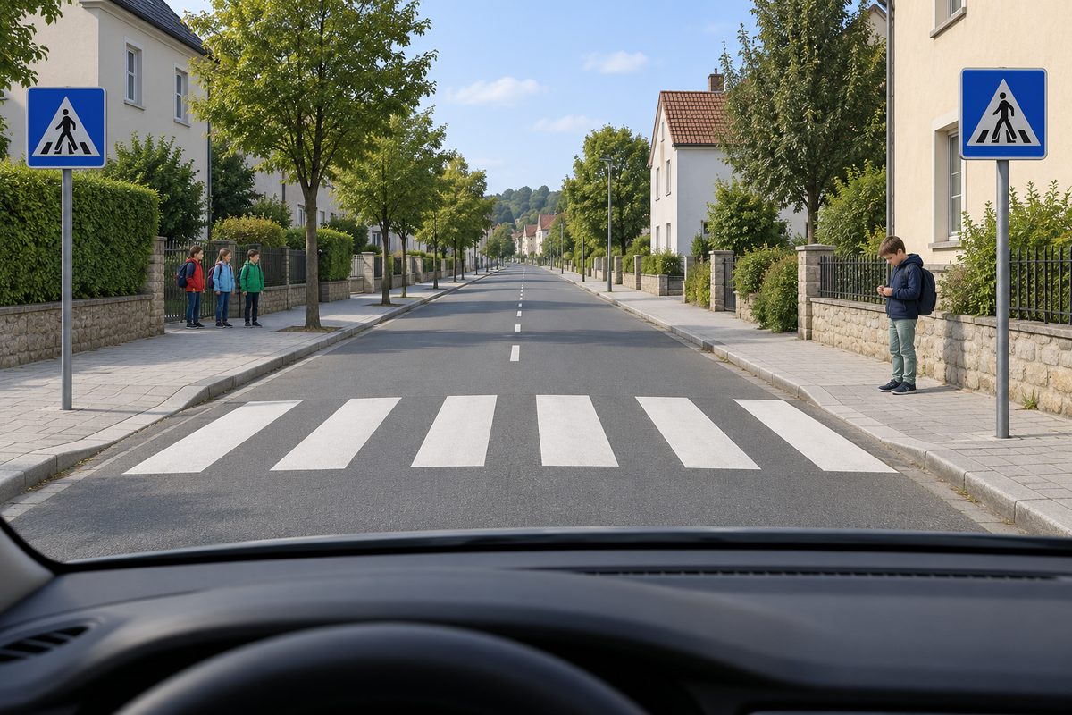 A child stands beside a zebra crossing on the right pavement.