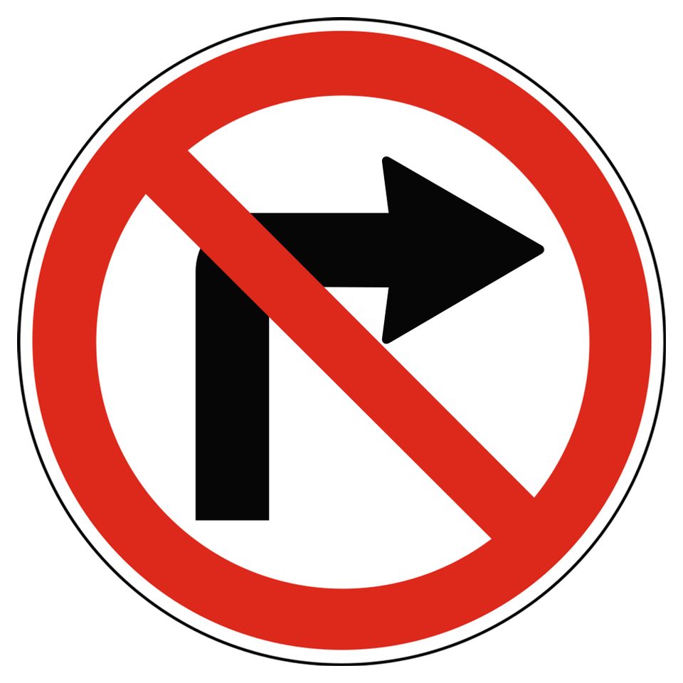 Red-bordered white circle; black right-turn arrow crossed by a red diagonal slash.