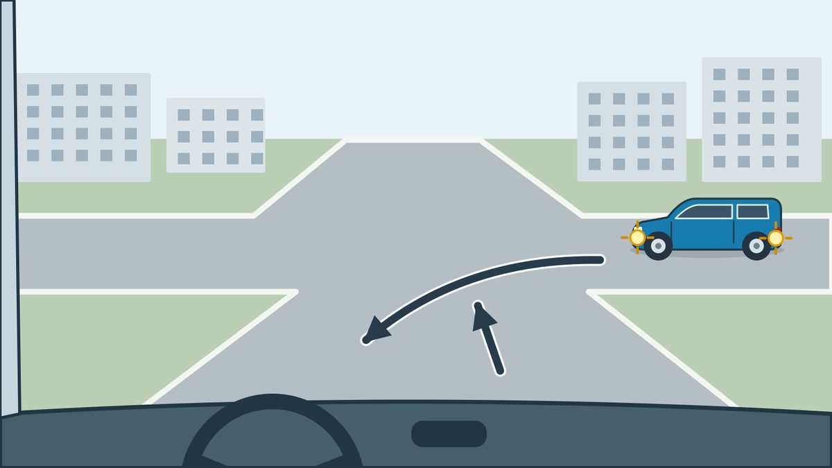 Driver view of an unsigned junction: the driver intends to proceed straight and a blue car on the right indicates a left turn toward the foreground.