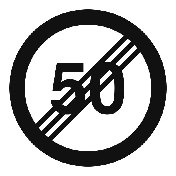 A white circular sign with a black border, the number 50, and three black diagonal bars.