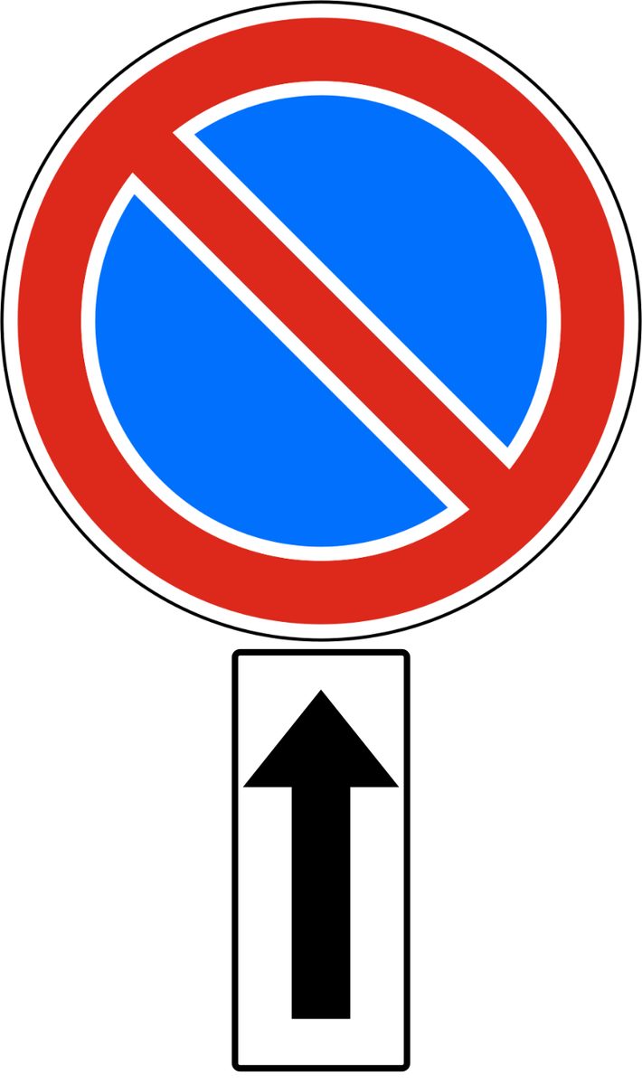 Blue circle with a red border and one red stripe from upper left to lower right. A narrow vertical white, black-bordered plate below shows a black upward arrow.