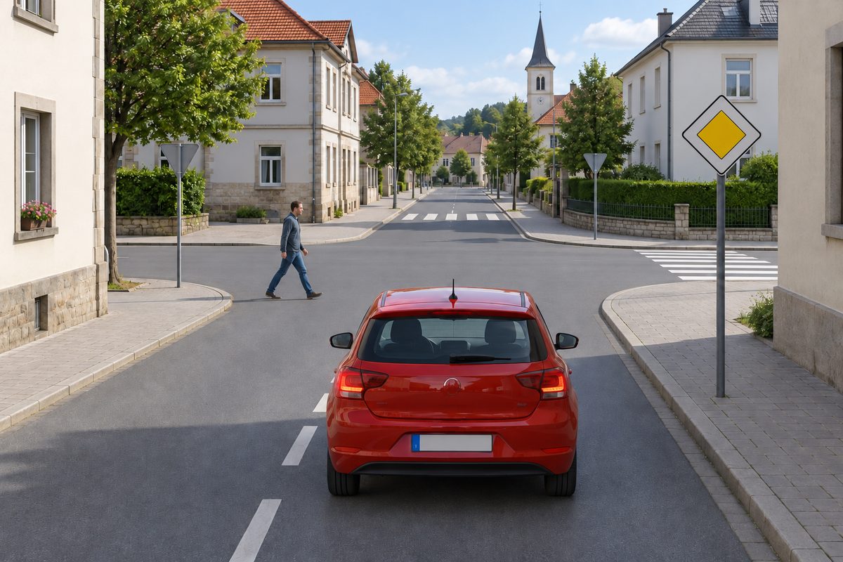 A red car approaches a junction while a pedestrian crosses ahead.