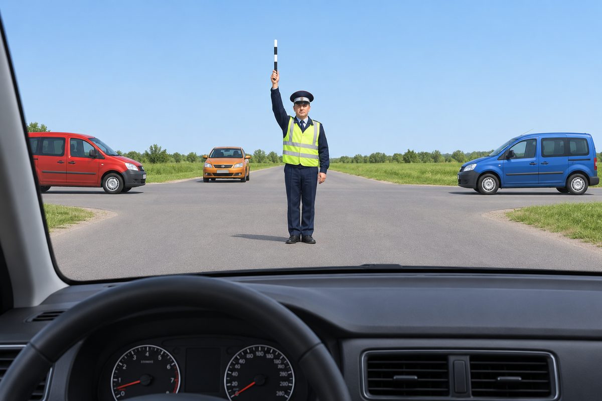 View from a car at a junction with a red passenger van left, blue passenger van right and orange car opposite. A traffic controller faces the driver with his right arm and baton raised vertically.