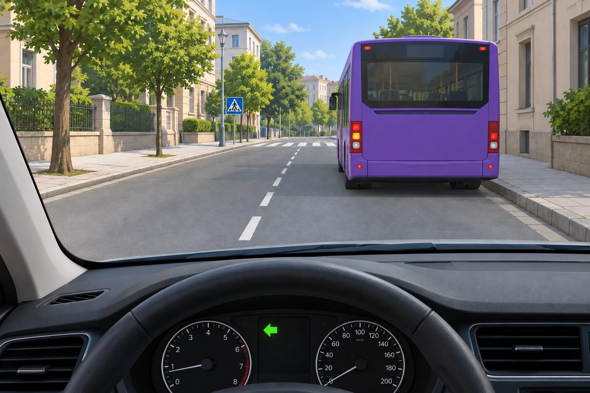 View through a car windshield toward a purple bus at the right curb and a zebra crossing beyond it; green left arrow on the dashboard.
