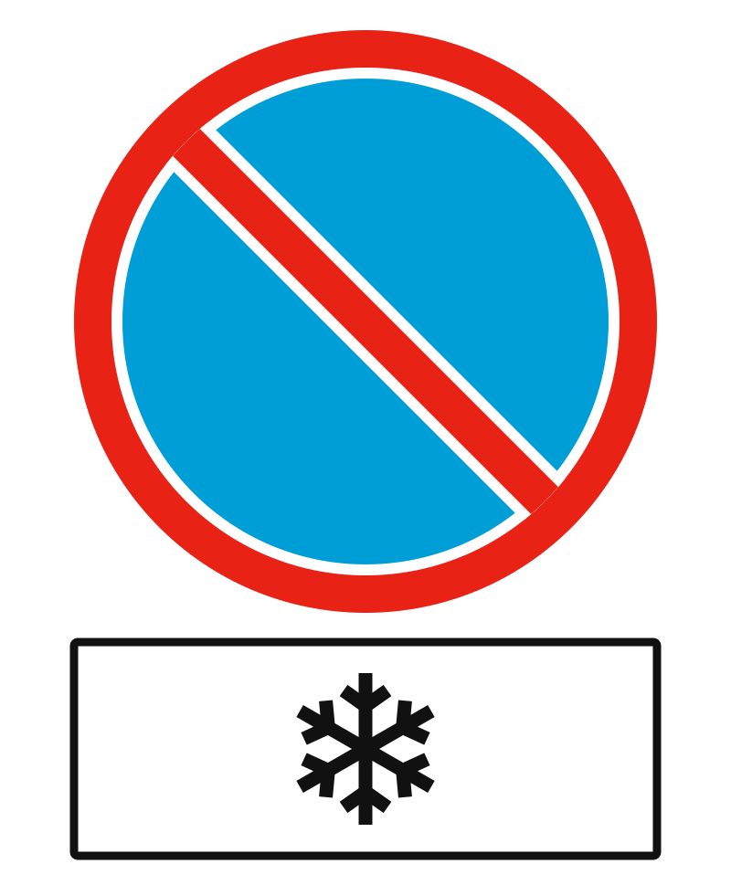 A blue circular sign with a red border and diagonal red bar, above a white plate with a black snowflake.