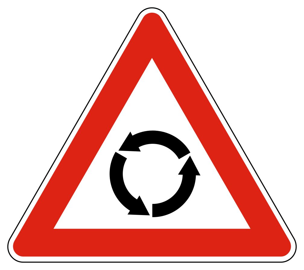 Red-bordered upright triangle containing three black arrows in a counterclockwise circle.