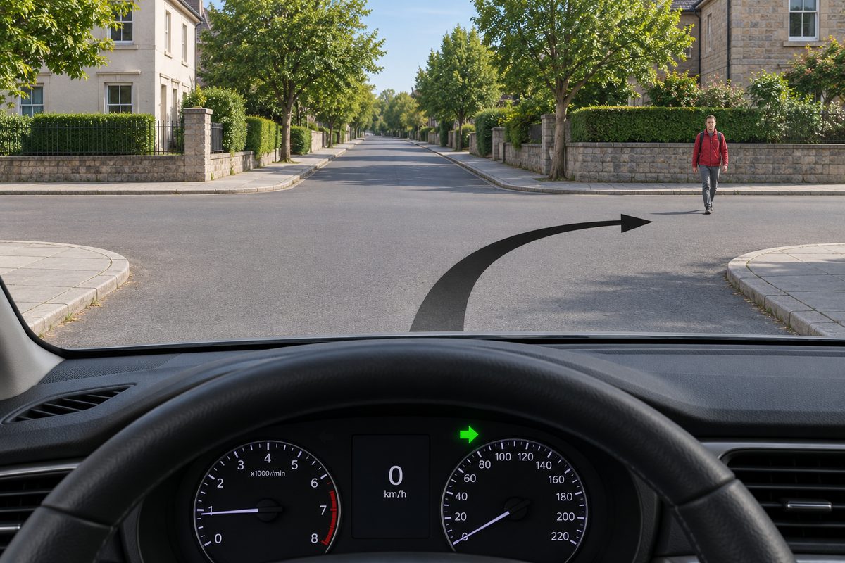Windscreen view of an unmarked crossroads. A red-jacketed pedestrian is in the farther half of the right-hand road mouth. A black road arrow curves right and the dashboard has a lit green right arrow.