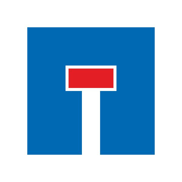 A blue square sign with a white vertical stem reaching its bottom edge and a narrow red horizontal terminal outlined in white.