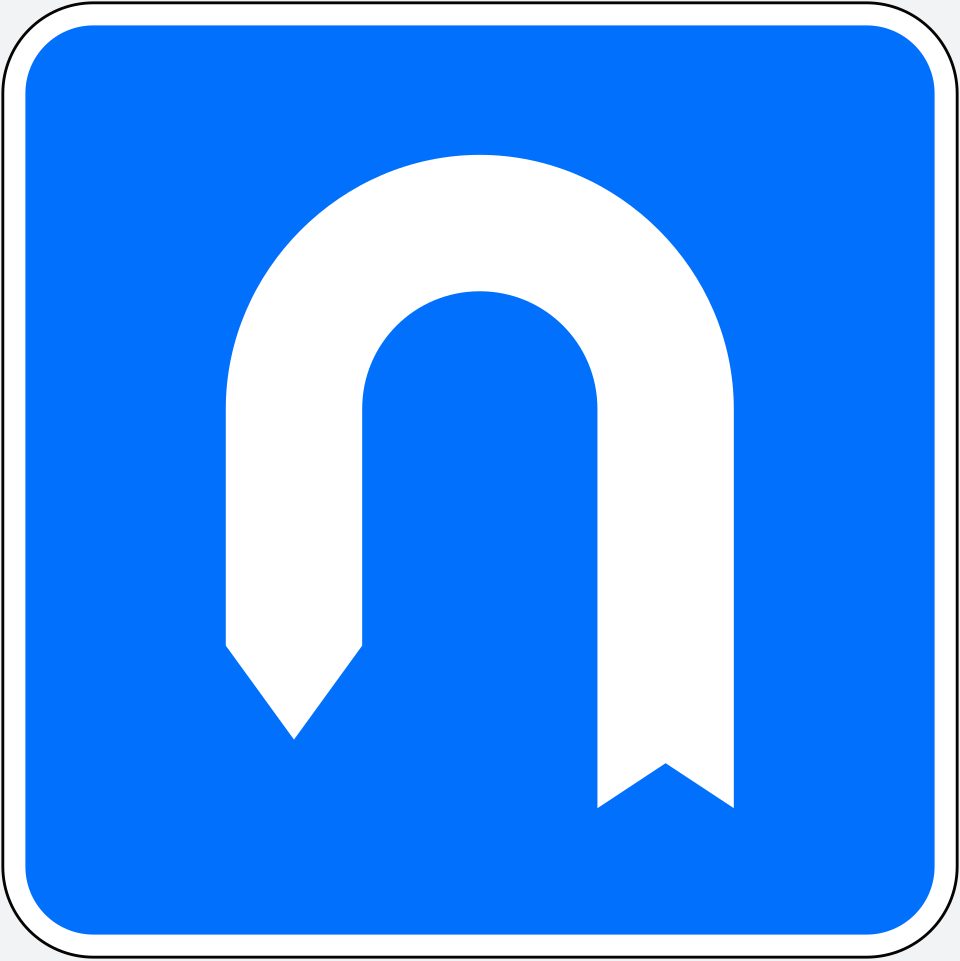 Blue square with a white border; a white inverted-U-shaped arrow with its arrowhead pointing down on the left.
