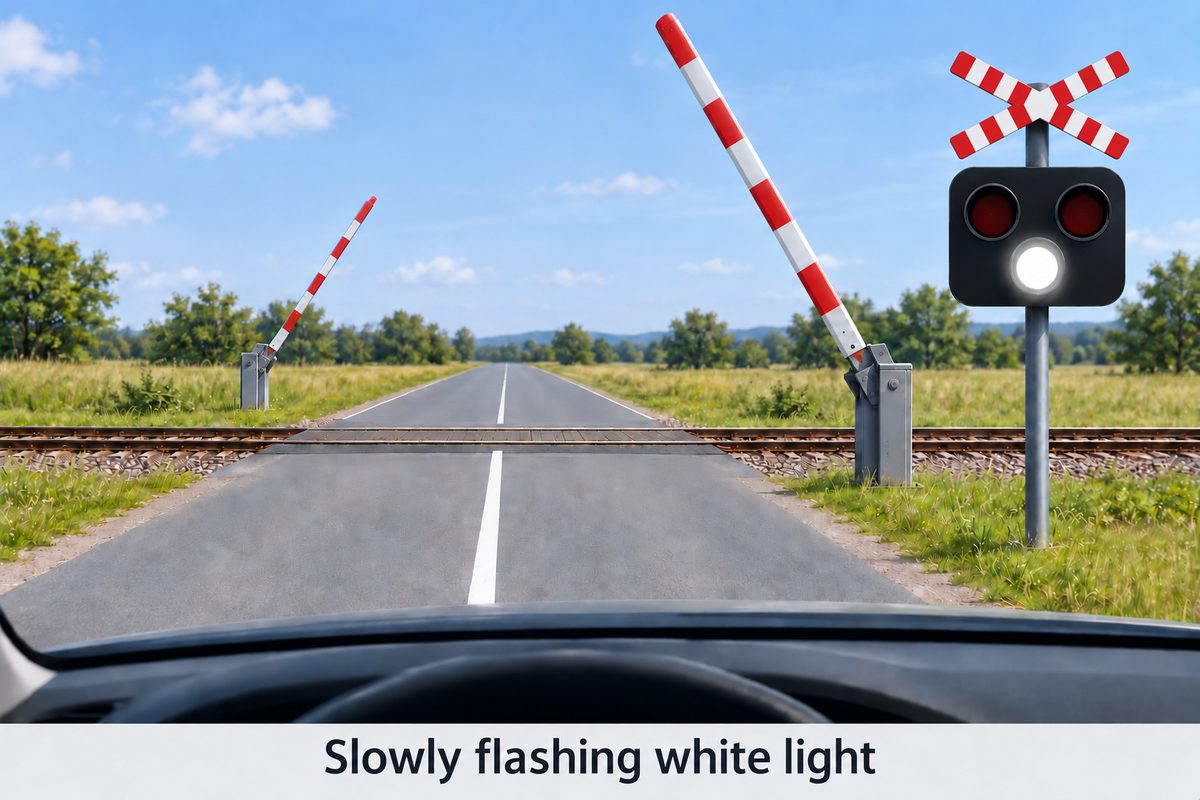 Railway crossing with raised barriers, a crossbuck with alternating red and white bands, two dark red signal lamps and a lit white lamp below them; caption indicates slow flashing.