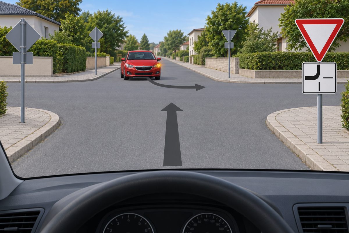 Driver view with a straight-ahead arrow. An oncoming red car signals its left turn toward the right side of the image. The near-right downward-pointing white triangle with a red border has a plate showing a thick top-to-left route and thin bottom and right branches.