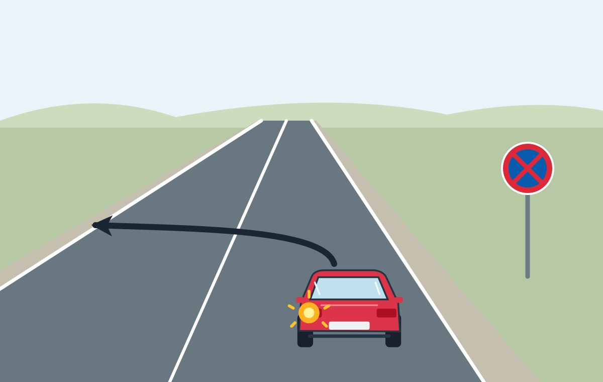 Red car signals left; its path crosses a solid centre line towards the opposite roadside. A blue circular sign with a red cross stands on the right.