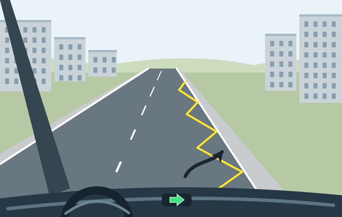 Driver view with a right indicator and curved path towards a roadside area outlined by a yellow zigzag line.