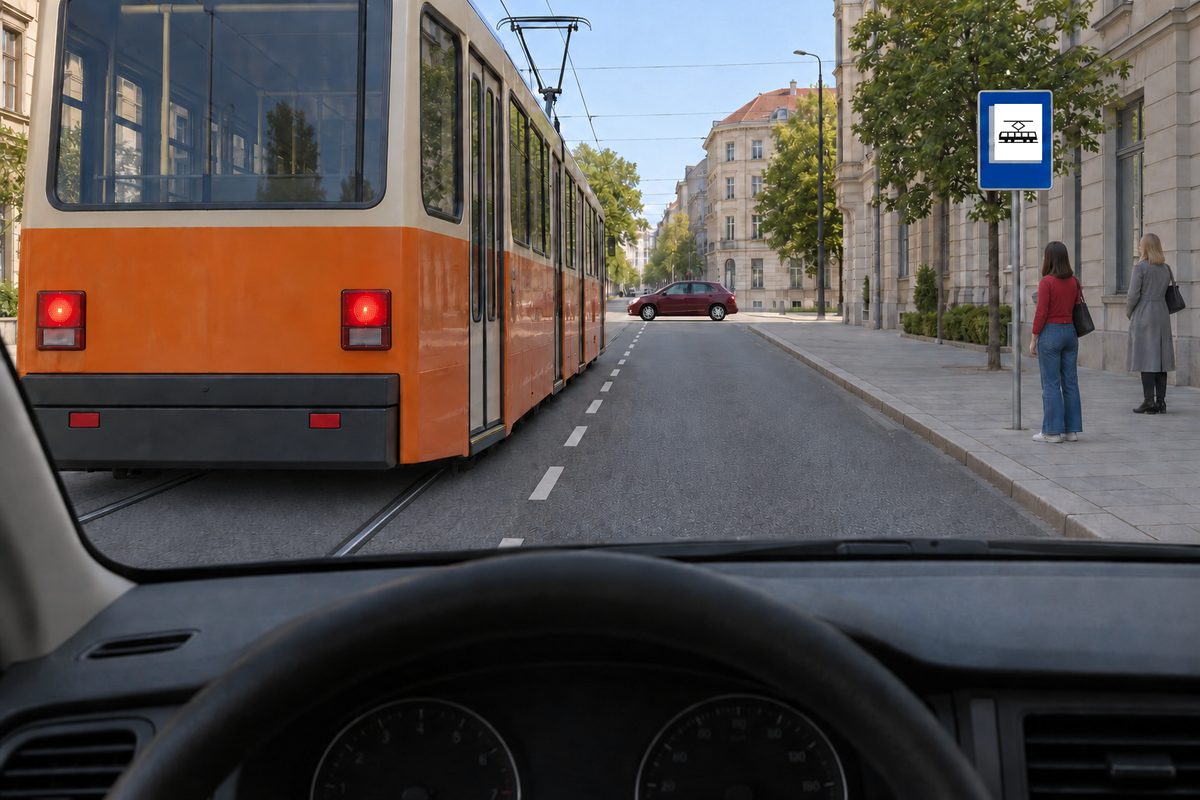 A close rear view of an orange-and-cream tram on the left, two women at a right-side tram stop, and a maroon car across a distant junction.
