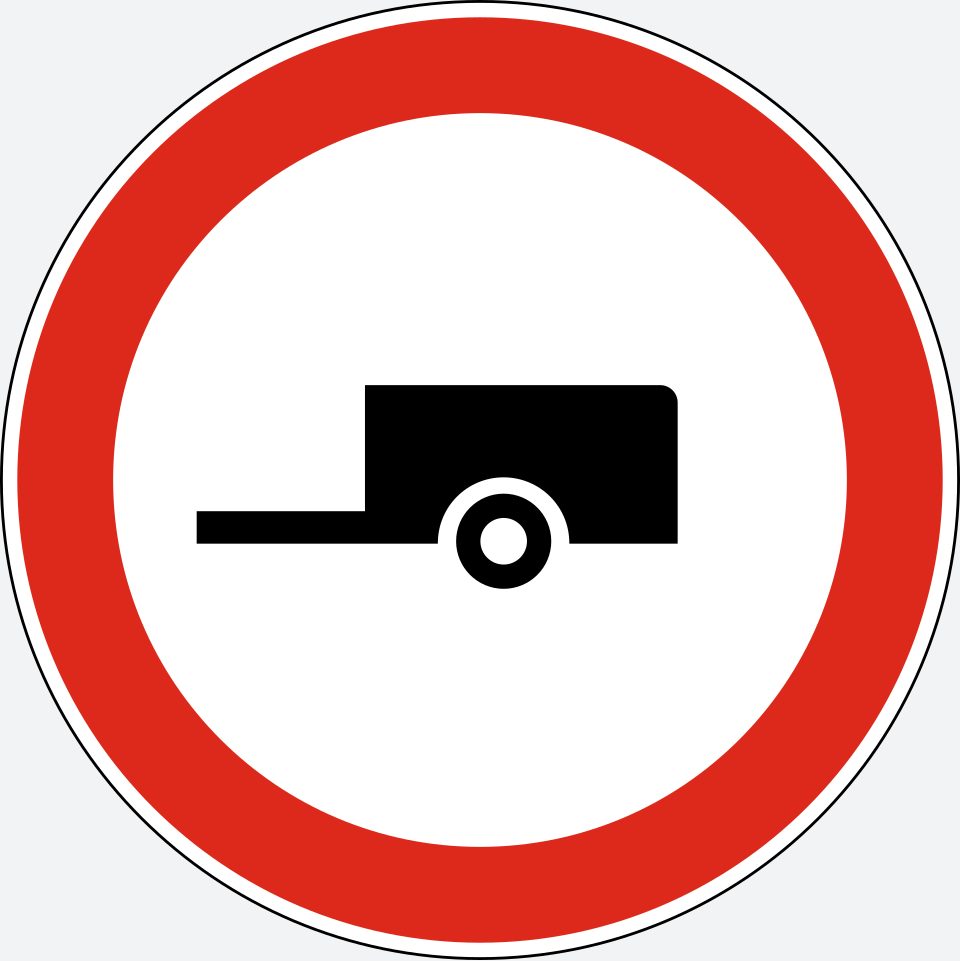 White circle with a red border; a black single-axle trailer with one visible wheel and a towbar extending left.