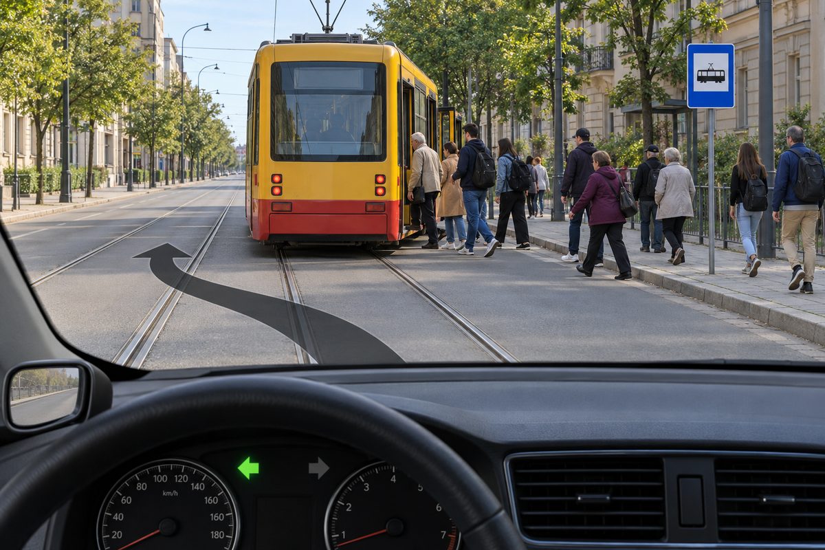 Driver view toward the rear of a yellow and red tram, with passengers between its right-side doors and the right pavement. A curved arrow points to the tram’s left across the rails; a blue tram panel stands at right and the dashboard left arrow is green.