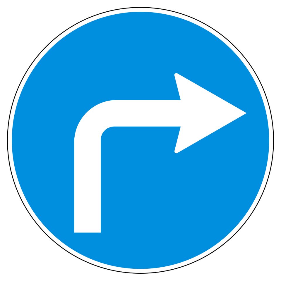 Blue circle with white right-turn arrow.