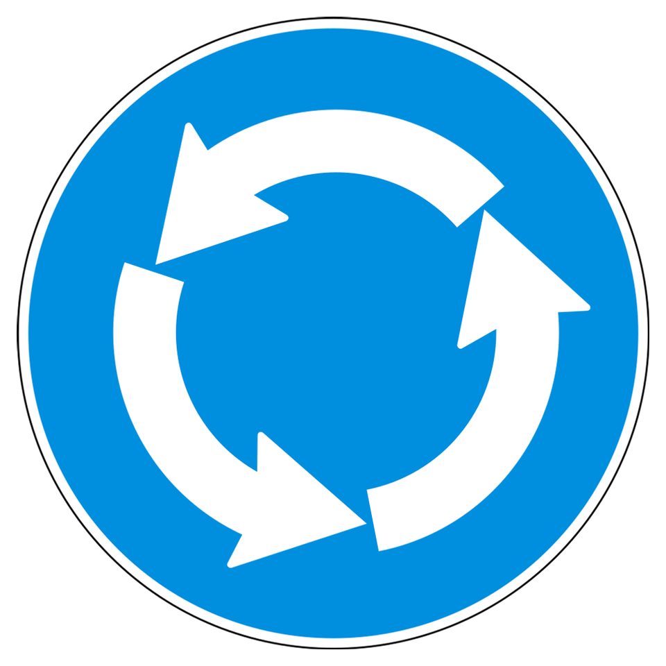 Blue circle; three white curved arrows arranged in a circle.