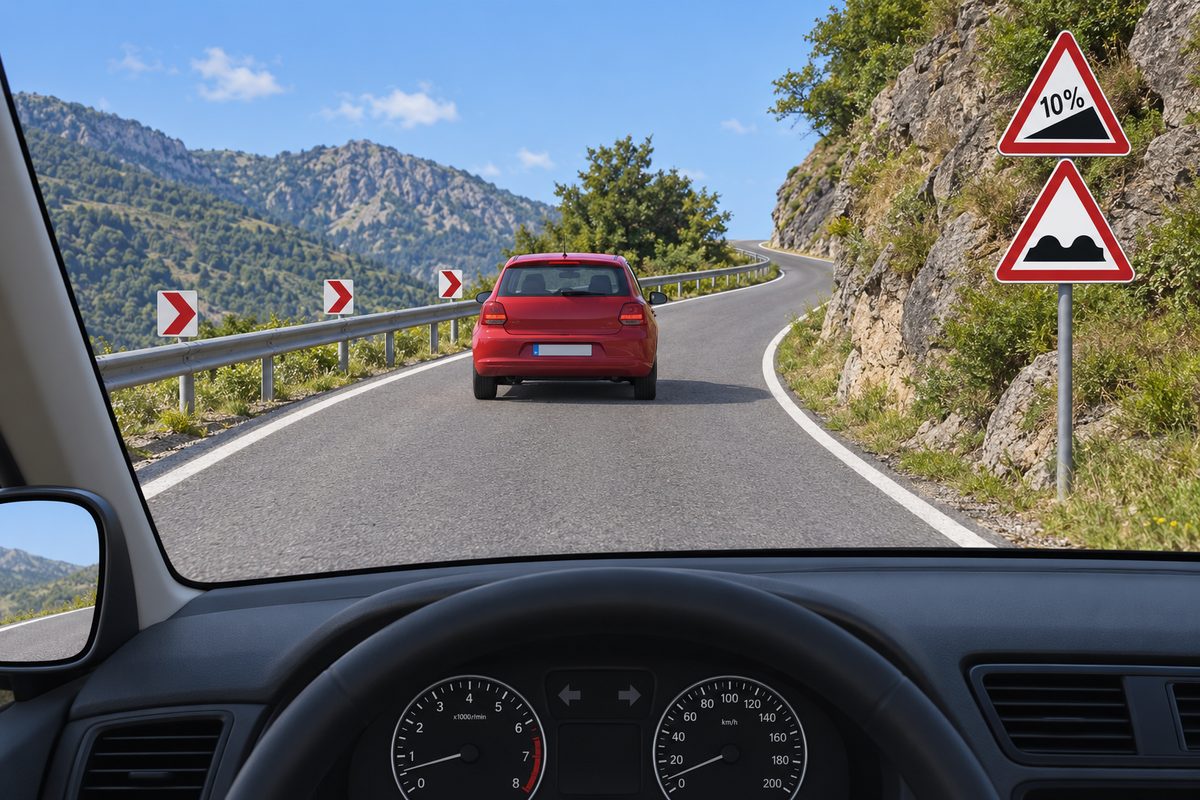 Driver view behind a red car on a narrow rising road curving right around rock. Red right-pointing chevrons line the left edge. Two stacked triangular signs on the right show 10% above a rising black slope and two black humps. Dashboard arrows are gray.