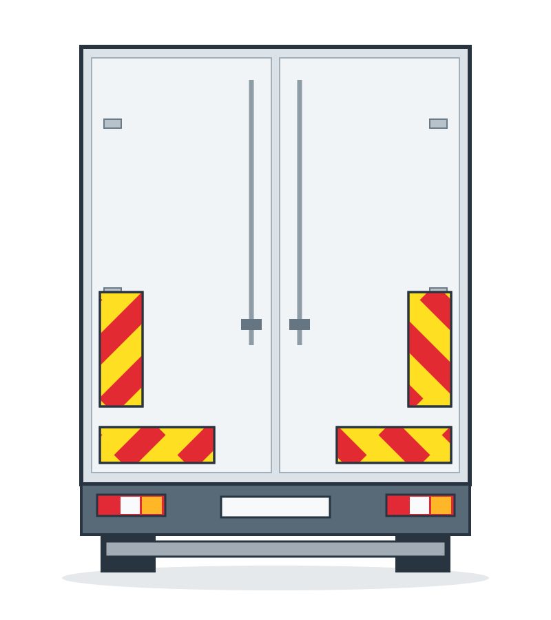 Rear of a vehicle with red-and-yellow striped panels arranged in two L shapes.