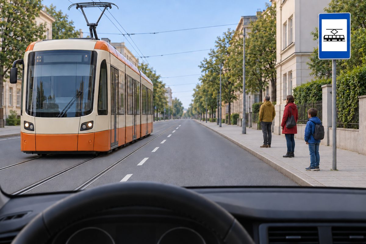 A front-facing orange-and-cream tram on the left and three people beside a tram-stop sign on the right pavement.