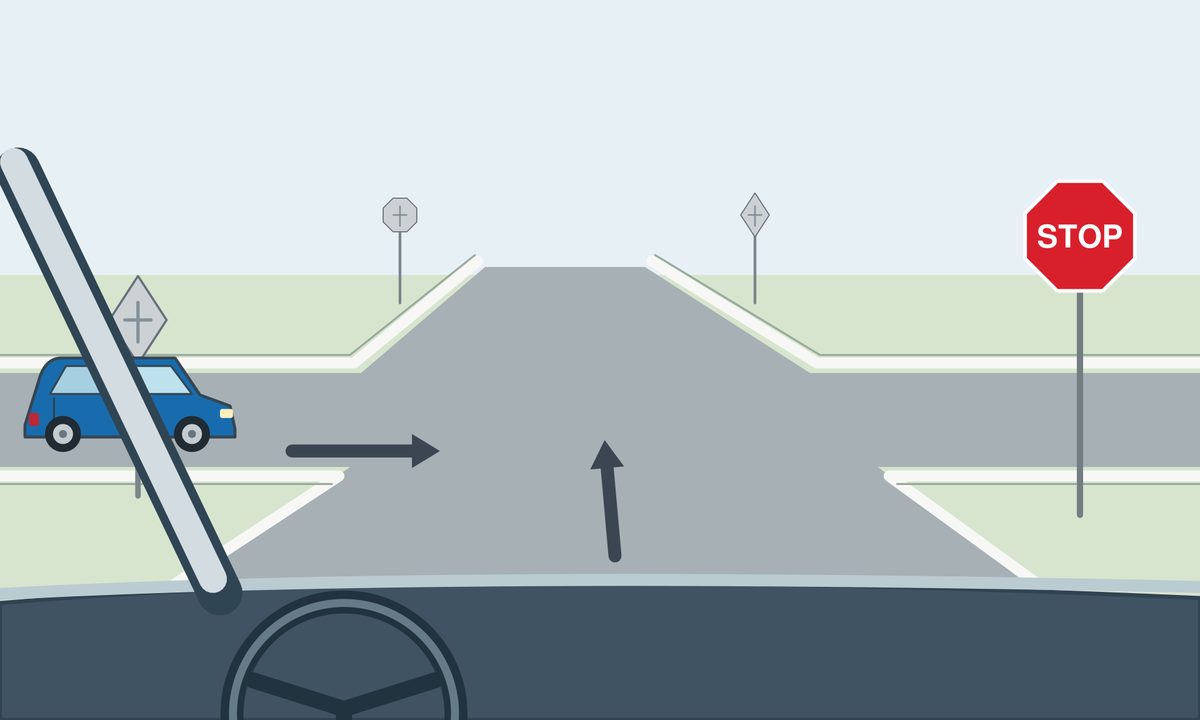 Windscreen view of an unmarked four-arm junction with a red octagonal STOP sign on the right. A blue minivan approaches from the left with a rightward arrow; the viewer’s arrow points ahead.
