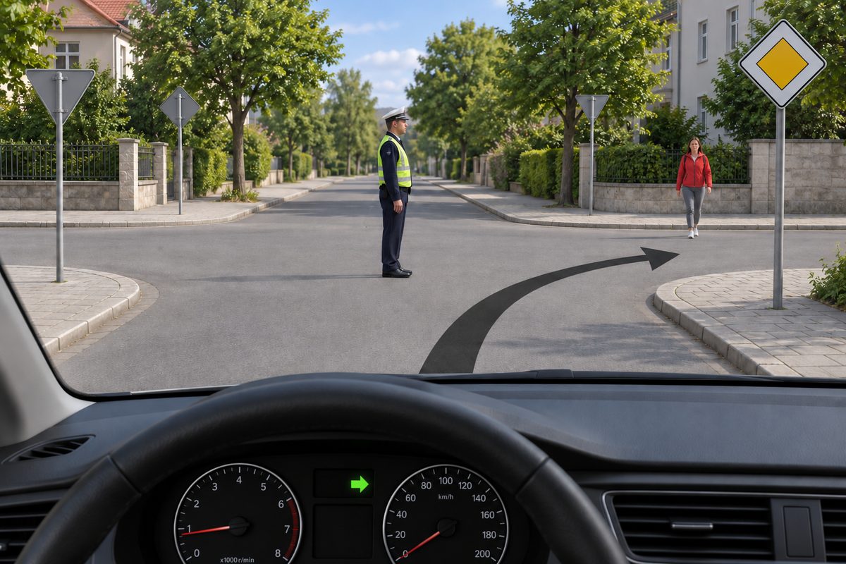 Windscreen view of a crossroads. A uniformed controller stands in profile facing right, arms down; a pedestrian crosses the road mouth on the right. A yellow diamond faces the viewer at the near-right corner, with grey sign backs on the other approaches. Road and lit dashboard arrows point right.