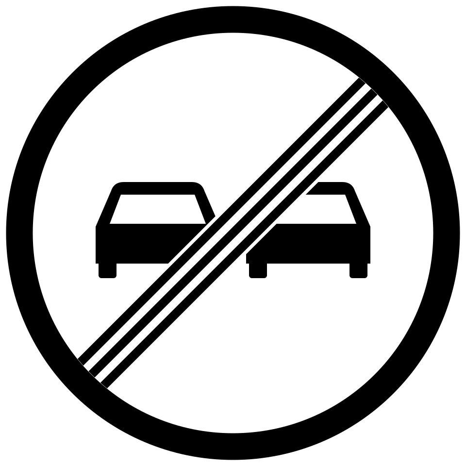 White circular sign with a black border and two black car silhouettes crossed by three parallel diagonal black stripes rising to the right.