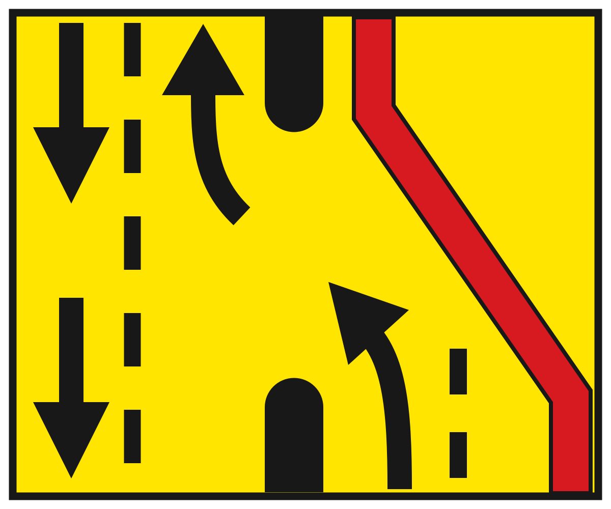 Yellow rectangle with two black downward arrows at left, two curved upward arrows, dashed lane lines, a broken central black island and a red diagonal band at right.