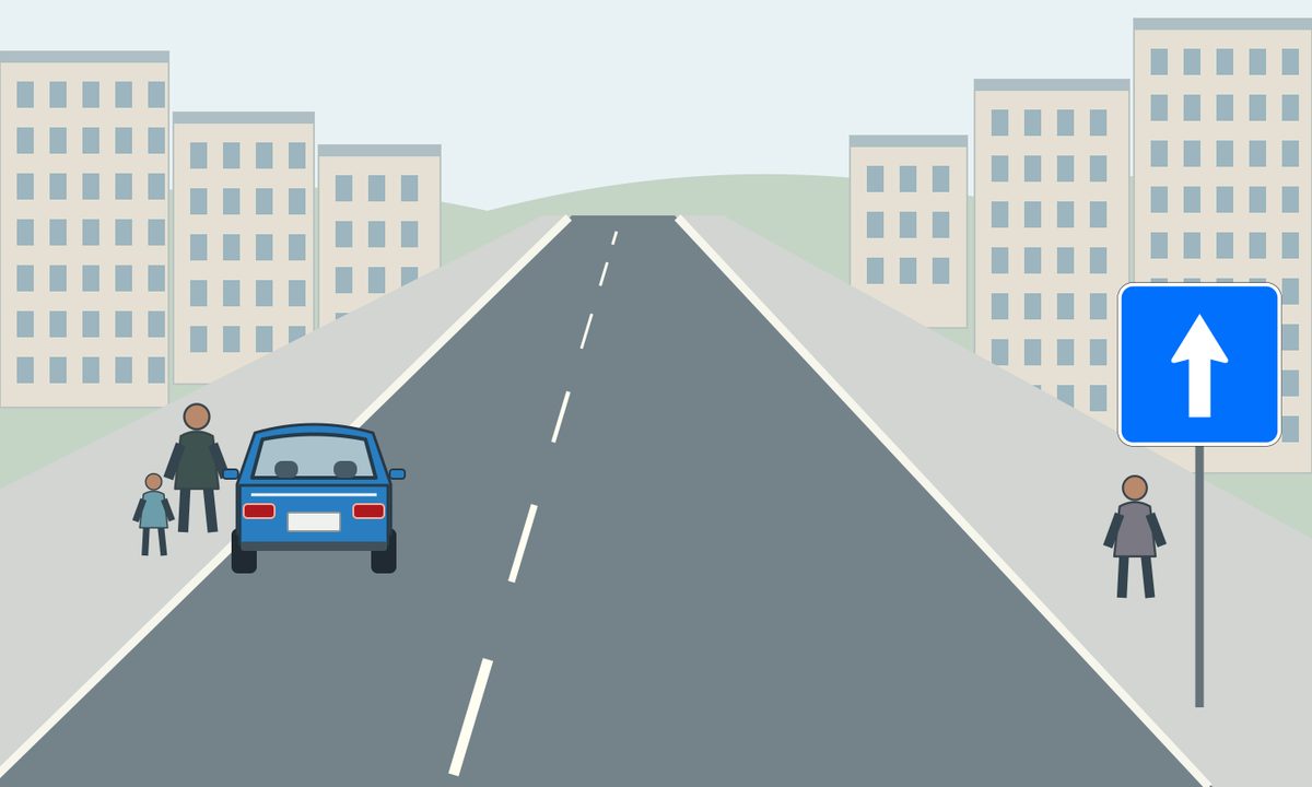 A blue car beside the left pavement and a blue square sign with an upward arrow.