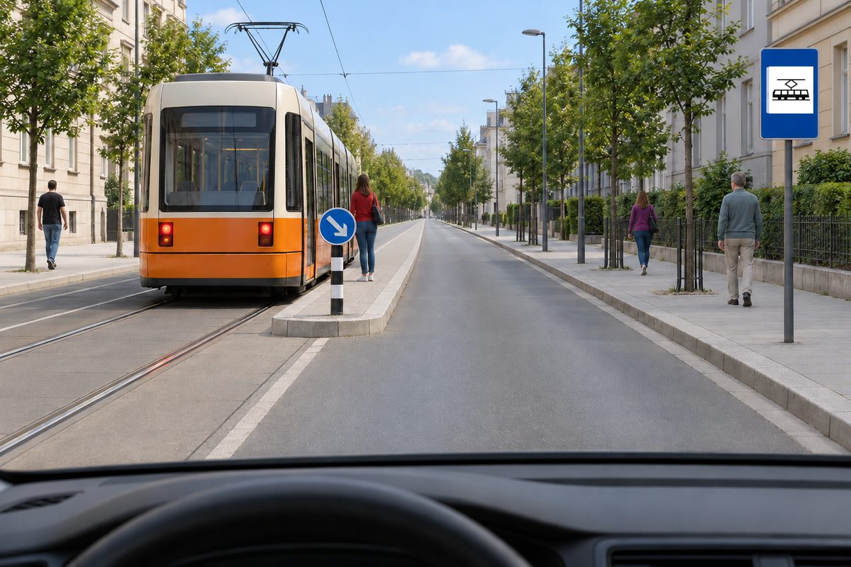 An orange-and-cream tram beside a raised boarding island with a keep-right sign and a woman, with other pedestrians on the pavements.